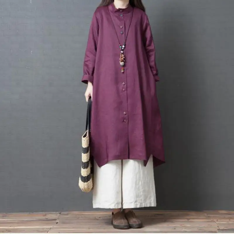 

Johnature Vintage Dress Women Clothes 2019 New Autumn Loose Plus Size Dress Stand Collar Button Full Sleeve Casual Women Dress