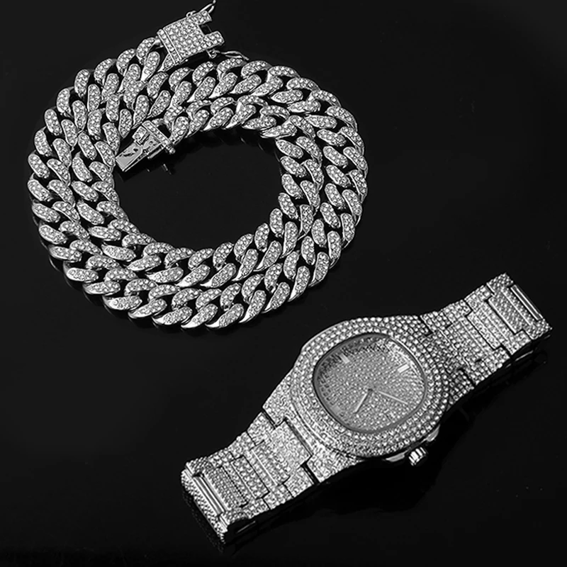 Ожерелье часы браслет хип хоп Майами Снаряженная кубинская цепочка серебро