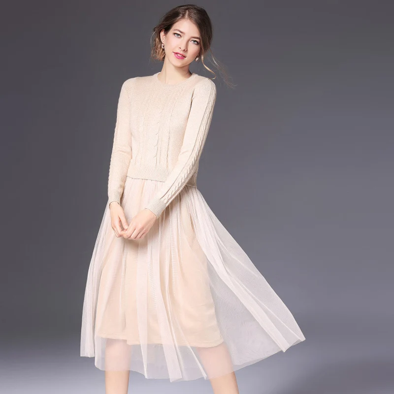 Jocoo Jolee, элегантное женское корейское трикотажное платье, женское осеннее платье с длинным рукавом и круглым вырезом, высокоэластичное лоскутное платье, свитер с сеточкой, миди платье - Цвет: Light Khaki