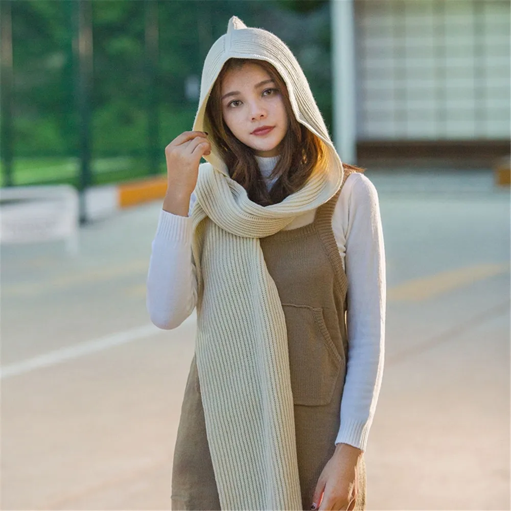 Focusnorm Женский вязаный шарф с капюшоном для девушек и женщин, теплые мягкие длинные шарфы для ушей, Великобритания