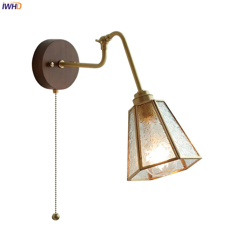Iwhd Baldacchino In Legno Lampada Da Parete Nordica Applique Pull Chain Switch Illuminazione Domestica Braccio In Rame Led Scala Luce Lampada Da Paret