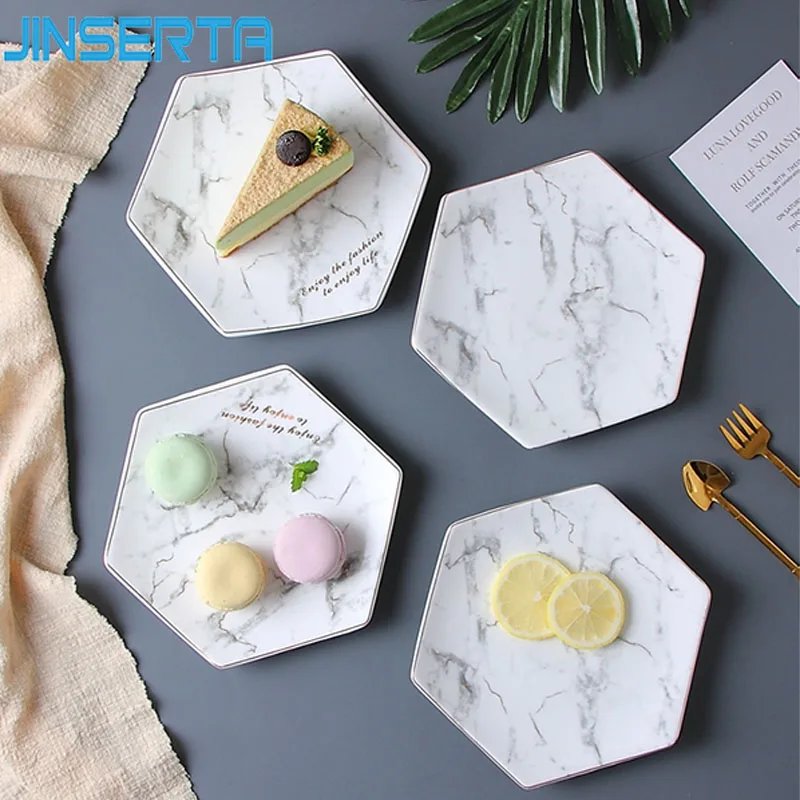 

JINSERTA Marbled Ceramic Storage Tray Gold Inlay Jewelry Display Plate Cosmetic Organizer Dessert Fruit Salad Decorative Tray