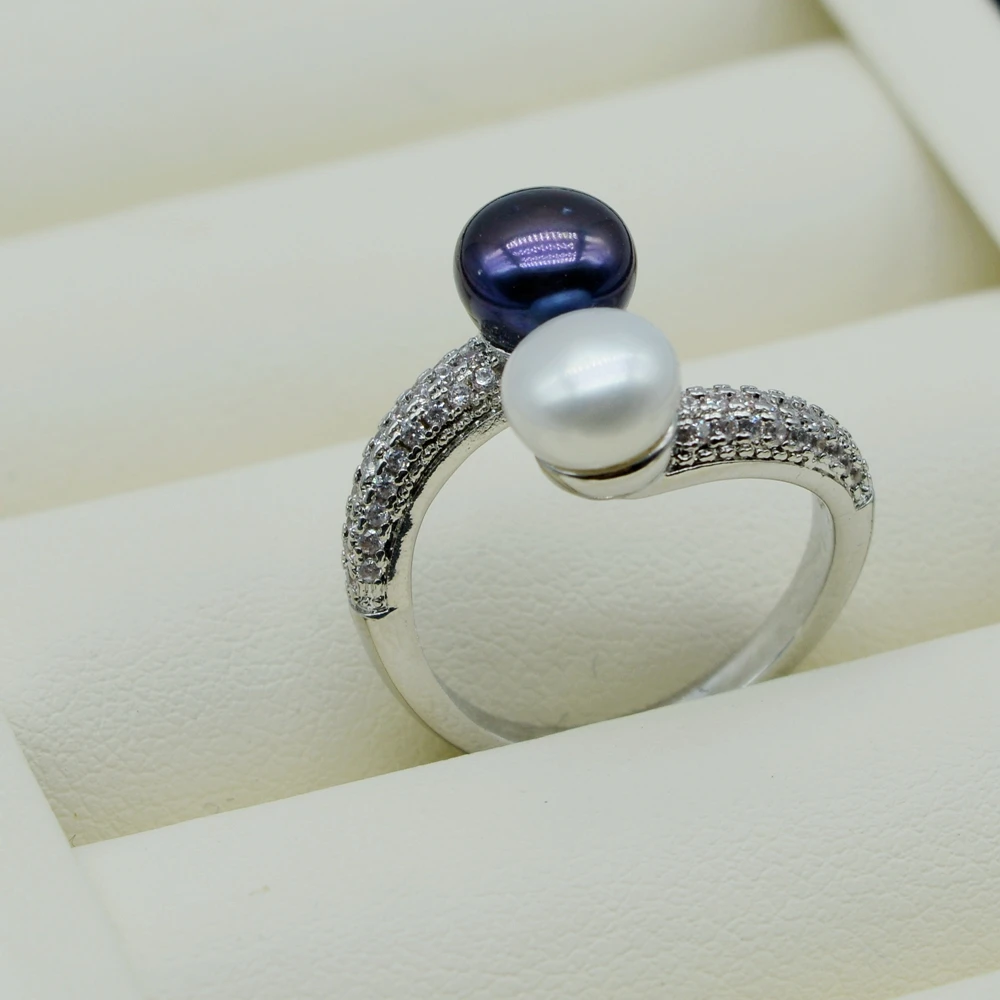 Double Pearl Rings Round Natural Freshwater Pearls Silver Rings Multicolor Pearls Zirconia Adjustable Women's silver rings silver ring