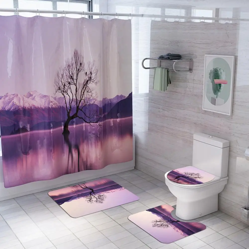 

GloryStar Lakeside View Printing Shower Curtain with Non-Slip Rug Toilet Lid Cover Bath Mat for Bathroom