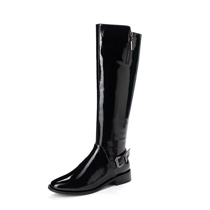 black patent leather MoonMeek/размер 34-40; модные ботинки из натуральной кожи; сапоги до колена на молнии с круглым носком; женские сапоги для верховой езды на среднем каблуке; сезон осень-зима - Цвет: black patent leather