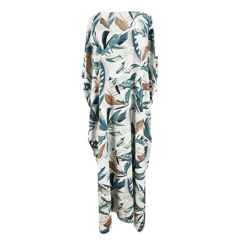 Bohemian Leaves Printed Bikini Cover-ups Loose V-neck Summer Beach Dress Chiffon Tunic Women Beachwear Kaftan Swimsuit Cover Up
