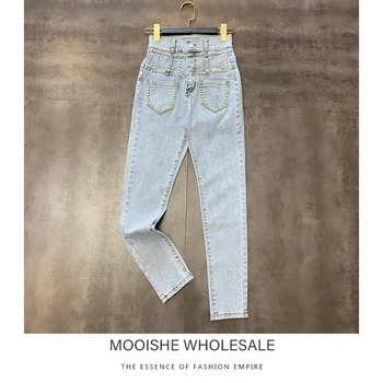 

Mooishe Spring Women Light Blue Jeans High Waist Diamond Elastic Pencil Jeans Denim Pants