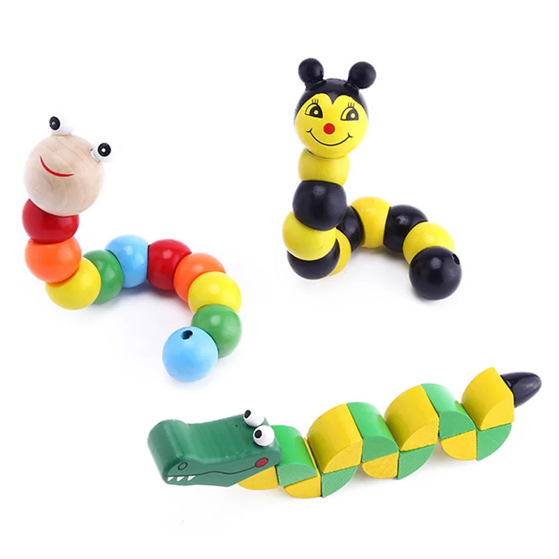 Baby Wooden Toys Worm Eat Fruit Cheese Wood Toys Baby Kids Educational Rope-piercing Montessori Gifts M0040