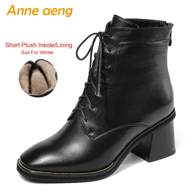 New Winter Genuine Leather Women Ankle Boots High Heel Square Toe Zip Lace-Up Fashion Women Shoes Black Warm Short Boots - Цвет: Black(Short Plush)