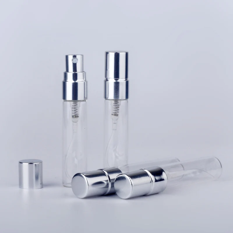 100PCS/Lot 5ml Parfum Portable Refillable Spray Bottle Sample Perfume Bottle Atomizer Silver Metal Pump Cosmetic Case Travel
