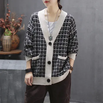

Women sweaters retro plaid knitwear V-neck long sleeve casual loose cardigan Sweater