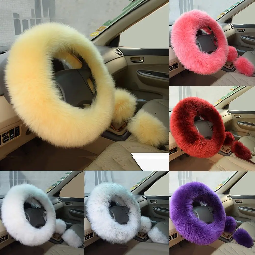 

3Pcs Warm Faux Fur Steering Wheel Hand Brake Gear Cover Auto Interior Accessory