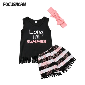 

Summer Kids Baby Girls Princess Party Outfit Sleeveless Tassel Tops Tank+Striped Shorts +Bow Headband Set