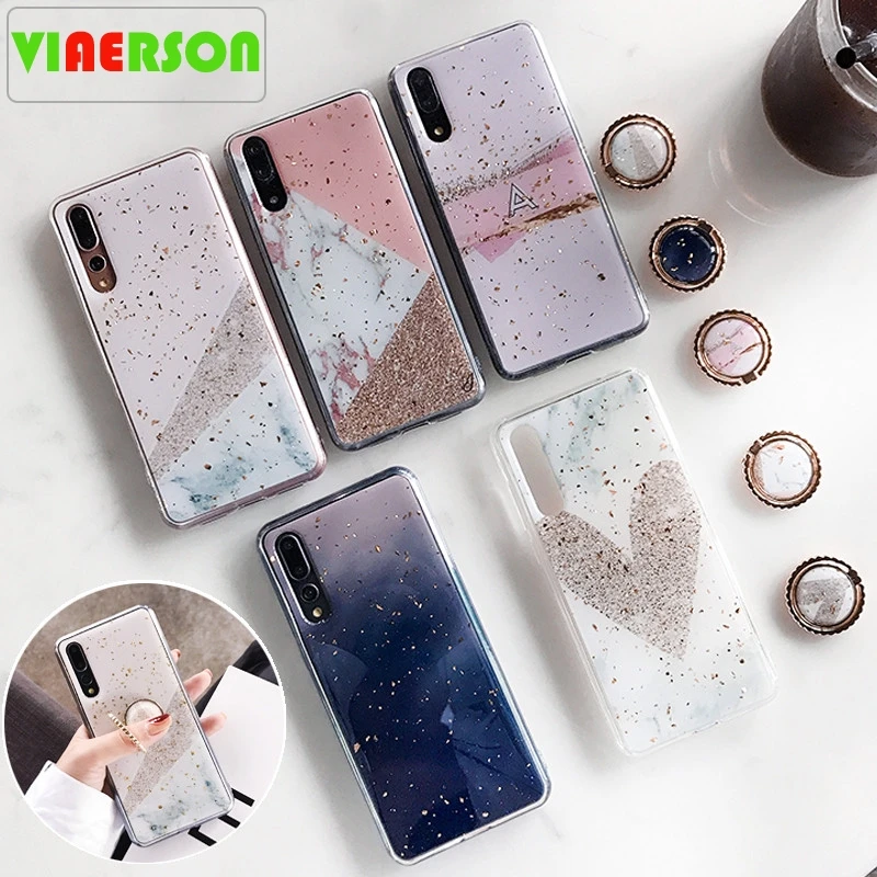 

Glitter Marble Phone Case For Huawei P30 P20 Lite Pro Mate 20 Pro Soft Epoxy Luxury Phone Back Cover With Ring Stand