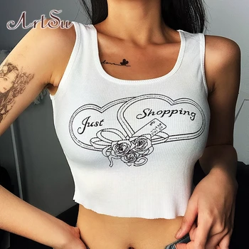 

ArtSu Knitted White Tank Top Love Flower Letter Print 2020 Summer Women O Neck Cotton Sleeveless Crop Tops Streetwear ASVE21121