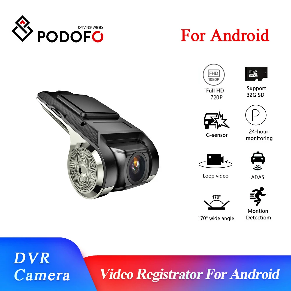 Podofo Android Multimedia Player with ADAS Car DVR Camera FHD 720P Auto Digital Video Driving Recorder Dashcam Camera rear view mirror camera system