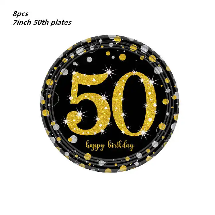 Black/Gold Party Decorations Hello 21th/30th/40th Birthday Party Supplies Wedding Decor Disposable Tablecloth Plates Cups - Цвет: 8pcs 7inch plate