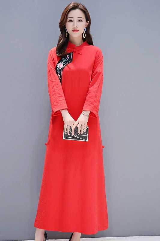 Китайский стиль, восточное платье, женское, qipao, улучшенное, чонсам, полная длина, длинный рукав, элегантное, для банкета, aodai, женское