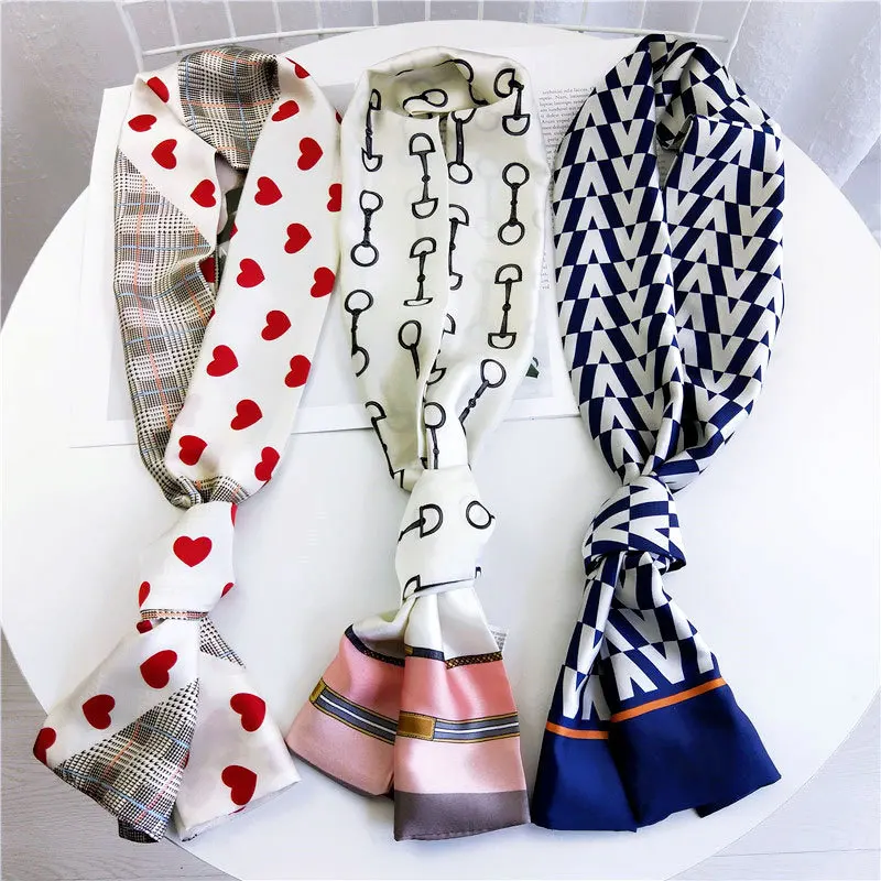 

15*145CM New Design Skinny Scarf Stirrup Print Women Silk Scarf Small Handle Bag Ribbons Female Head Scarves Wraps For Ladies