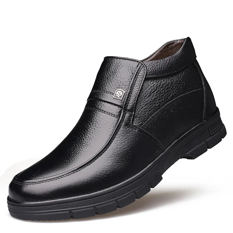 Роскошные Брендовые мужские зимние ботинки; теплые мужские ботильоны с толстым мехом; модная мужская деловая офисная официальная кожаная обувь - Цвет: black boots
