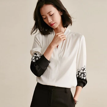 

High Quality 100% Silk Blouse Women Shirt Solid Embroidered Vintage Retro Design V Neck Long Sleeve Casual Top New Fashion