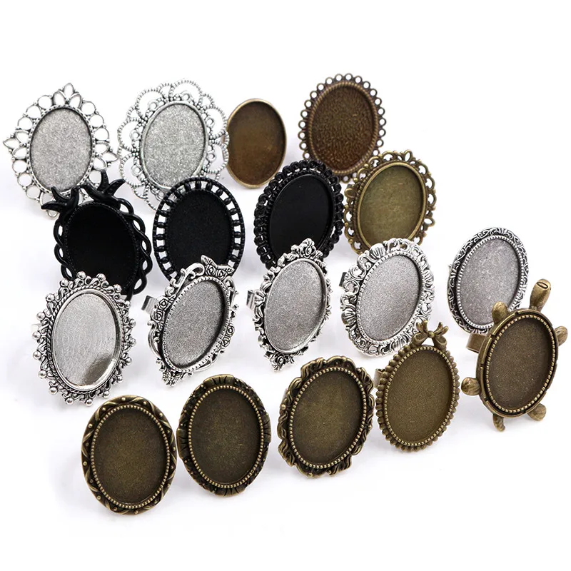 18x25mm 5 pièces Antique argent Bronze plaqué Styles mixtes ovale réglable anneau paramètres blanc/Base, ajustement ovale 18*25mm Cabochons en verre