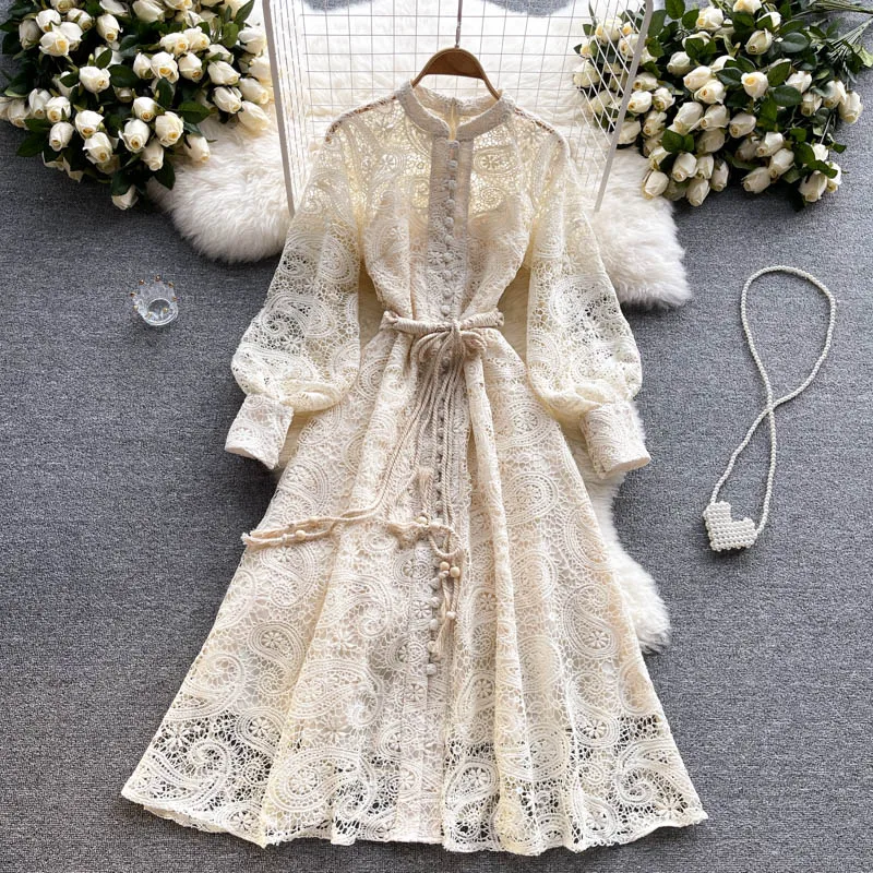 

Embroidery Asymmetrical Women's Dresses Stand Collar Lantern Long Sleeve High Waist Lace Up Hollow Out Dress Female 2021