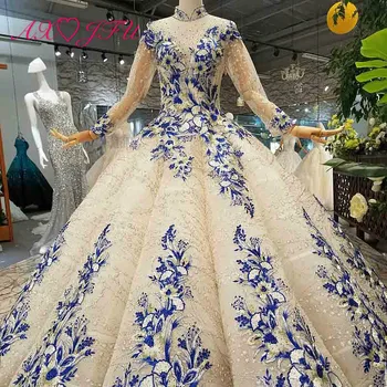 

AXJFU luxury princess beading embroidery flower white lace wedding dress vintage high neck long illusion wedding dress 11868