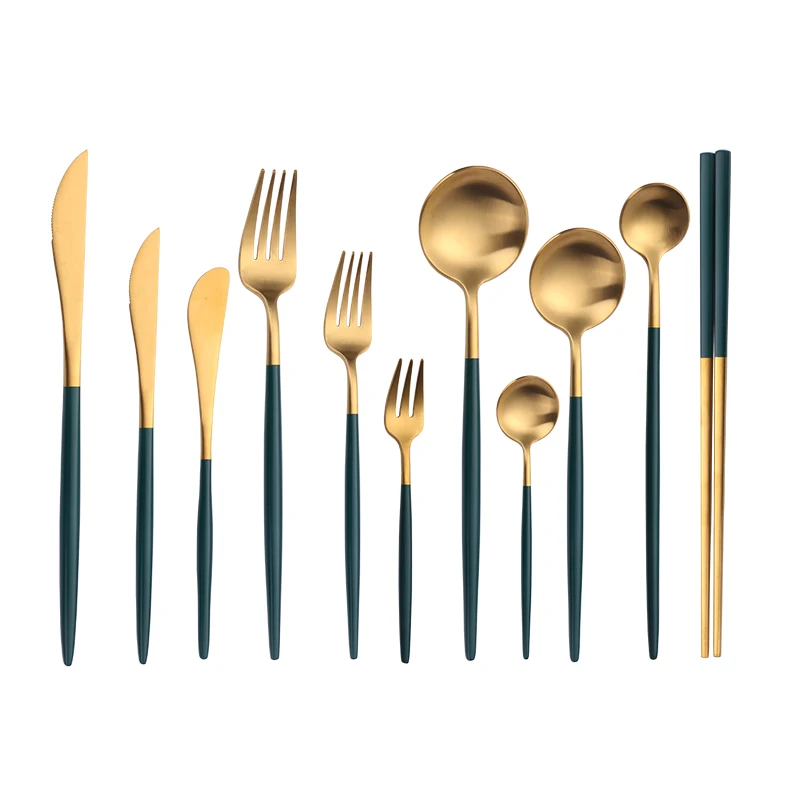 

Stainless Steel Green Gold Cutlery Dinnerware Set Gold Chopsticks Butter Knife Dessert Spoon Dinner Fork Tea Spoon Tableware Set