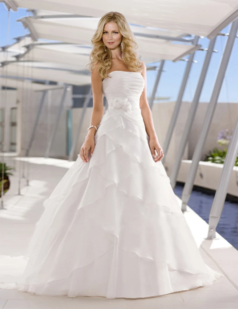 

Don's Bridal 2015 New Decent Strapless Button Back Embellishment Flower Belt Ruffle Chiffon A-Line Wedding Dresses A11