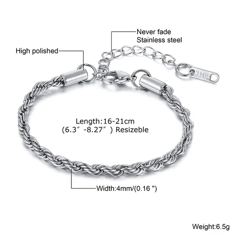 Twist Rope Chain Bracelet for Women Stainless Steel Bracelets Female Wrist Adjustable Length Party Layering Jewelry