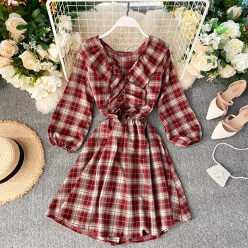 

Women's Clothing 2020 New Fashion Lattice Ruffled V-neck Dresses Women Dress Elegant Vestidos