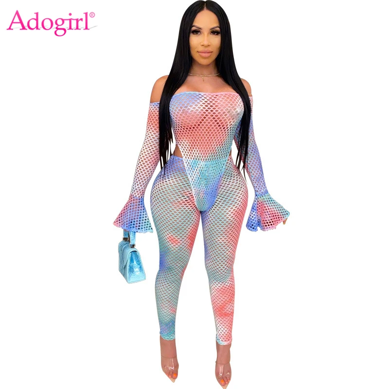 Adogirl Tie Dye Print Sheer Mesh Two Piece Set Flare Sleeve Off Shoulder Bodysuit Top Pencil Pants Night Club Suit Summer Outfit Adogirl Tie Dye Print Sheer Mesh Two Piece Set Flare Sleeve Off Shoulder Bodysuit Top Pencil Pants Night Club Suit Summer Outfit