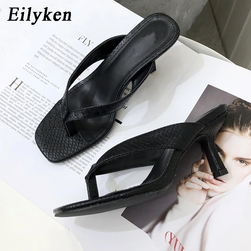 Black Eilyken/Новинка года; Брендовые женские шлепанцы; Летние уличные сандалии; шлепанцы без шнуровки; женские шлепанцы на высоком тонком каблуке; элегантная женская обувь - Цвет: Black