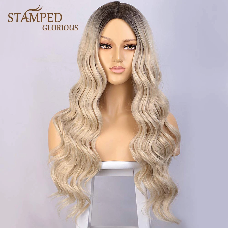 

Stamped Glorious Long Wave Wig Ombre Black Blonde Wig Synthetic Wigs for Women Middle Part Heat Resistant Fiber Hair