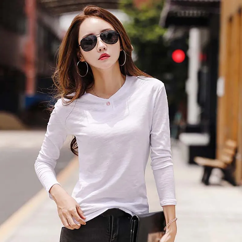 Casual Women T Shirt Autumn Solid Color Long Sleeve Tshirt Female  Button Ladies Tops Tee Femme O Neck T-Shirt W2 2
