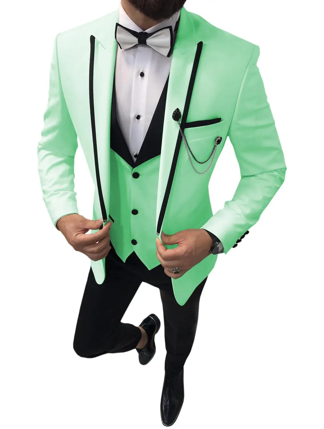 Коричневый мужской костюм из 3 предметов, приталенные Женихи, мужские повседневные свадебные костюмы с зубчатым отворотом, мужской смокинг с v-образным вырезом(пиджак+ жилет+ брюки - Цвет: Mint Green