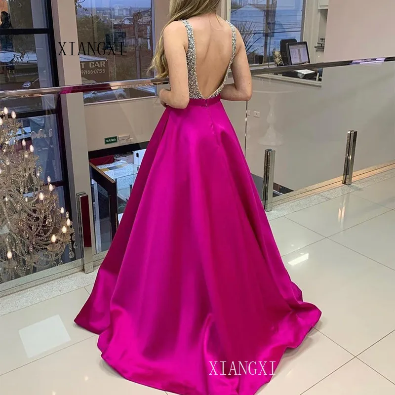 Розовые вечерние платья, Длинные атласные А-образные с глубоким v-образным вырезом, с открытой спиной, с бисером, длина до пола, вечерние платья, вечернее платье Vestidos