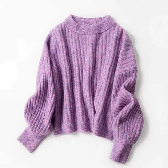 Purple Женский свитер с пышными рукавами из шерсти альпаки, Одноцветный вязаный женский пуловер - Цвет: Purple