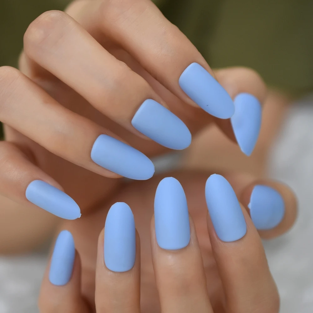 Matte Sky Blue Press On Nails Summber Medium Long Oval Shape Sculpted Nails Abs Material Full Cover Fantasy Tips 24 False Nails Aliexpress