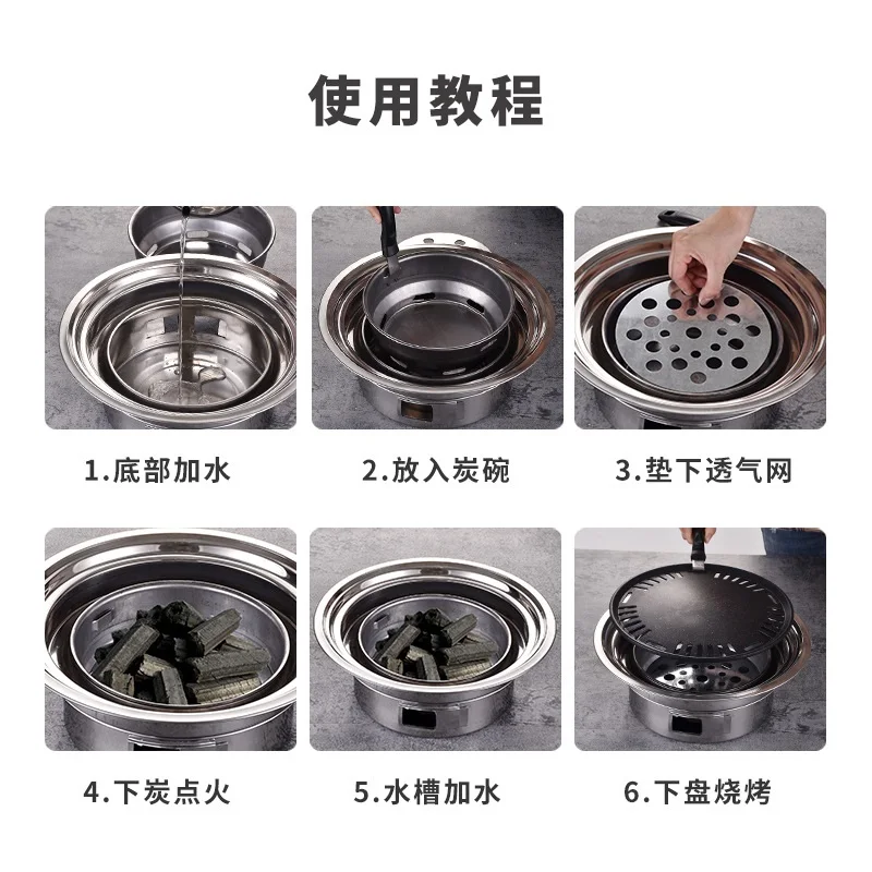 Barbecue Charcoal Stove Household Stainless Steel Korean Charcoal Oven Commercial round Non-Stick Barbecue Oven Outdoor Camping Portable