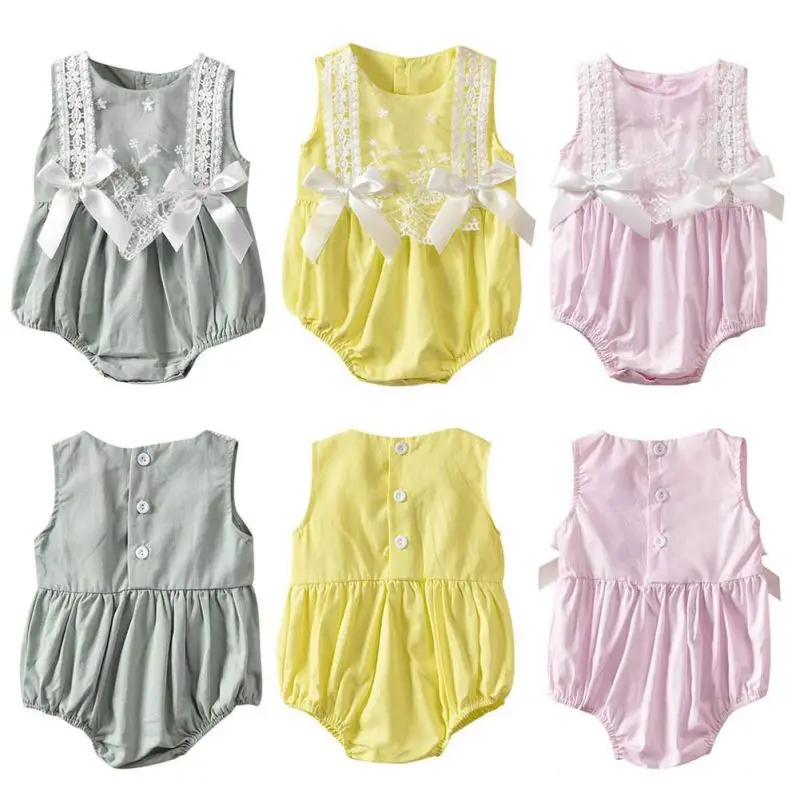 

2019 Hot Newborn Baby Girls Summer Sleeveless Rompers Jumpsuit Lace Floral Pattern Cotton One-Piece Romper Clothes For Girls