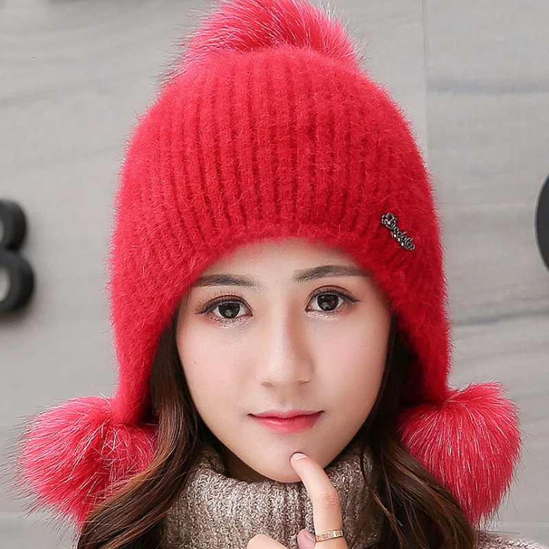 Womail, женская шапка, одноцветная, Осень-зима, шапка, мягкая, теплая, Вязанная, модная, искусственный мех, закрывает уши, кепка, повседневная, для улицы - Цвет: Красный