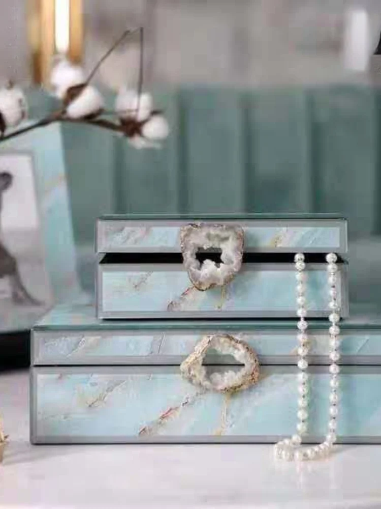 Caja decorativa de cristal para decoración de joyas, caja de almacenamiento  con patrón de piedra de imitación azul, suave, para sala de muestras -  AliExpress