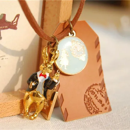 

Nathan Heart Ornaments Alice in Wonderland Rabbit Clock Sweater Chain Necklace Xl119