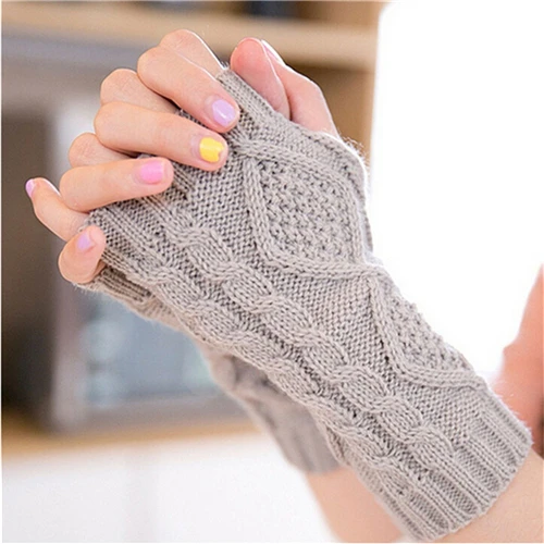 Light Grey Осенне-зимние женские перчатки без пальцев из тонкой шерсти для расчесывания, толстые мягкие вязаные шерстяные гетры для рук с отверстием для большого пальца - Цвет: Light Grey