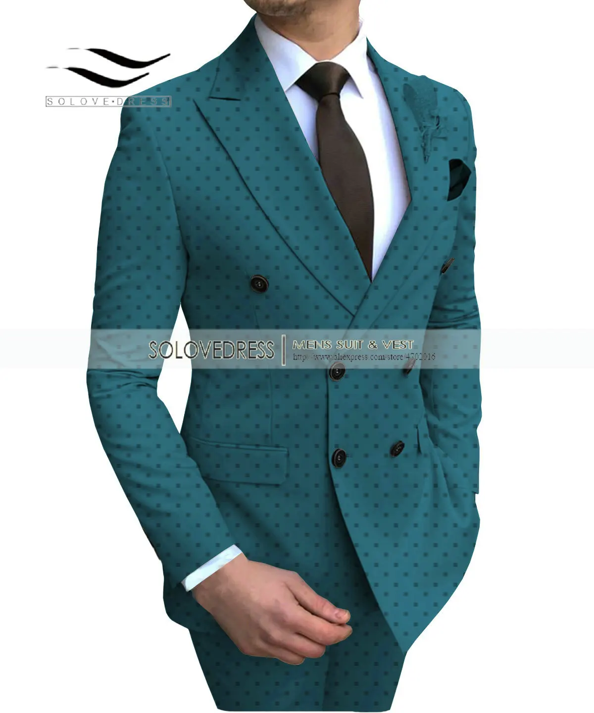 Teal blue Men's 2 Pieces Poika dot Bussiness Suit Double Breasted Regular Fit Notch Lapel Prom Tuxedos For Wedding/Party(Blazer+Pants - Color: Teal blue