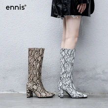 ENNIS/сапоги из змеиной кожи в европейском стиле; женские сапоги-гладиаторы на высоком каблуке; кожаные сапоги до колена с острым носком; дизайнерская обувь; сезон осень-зима; L936