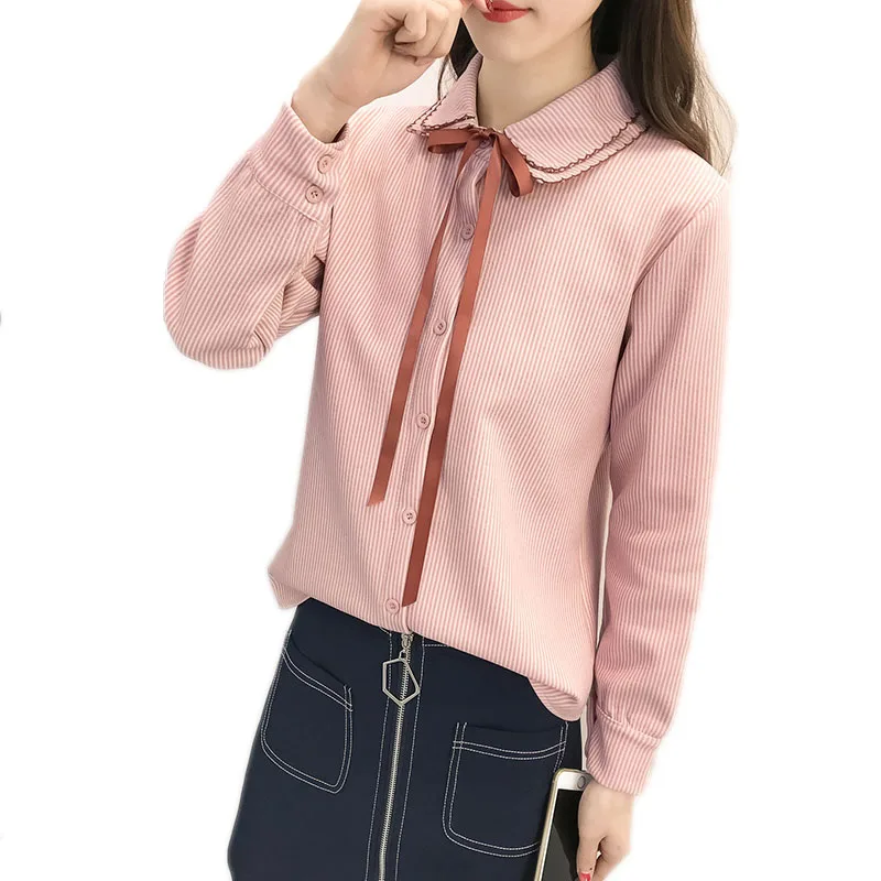 Женская блузка новинка 2019 Осень зима повседневные в полоску с галстуком бабочкой