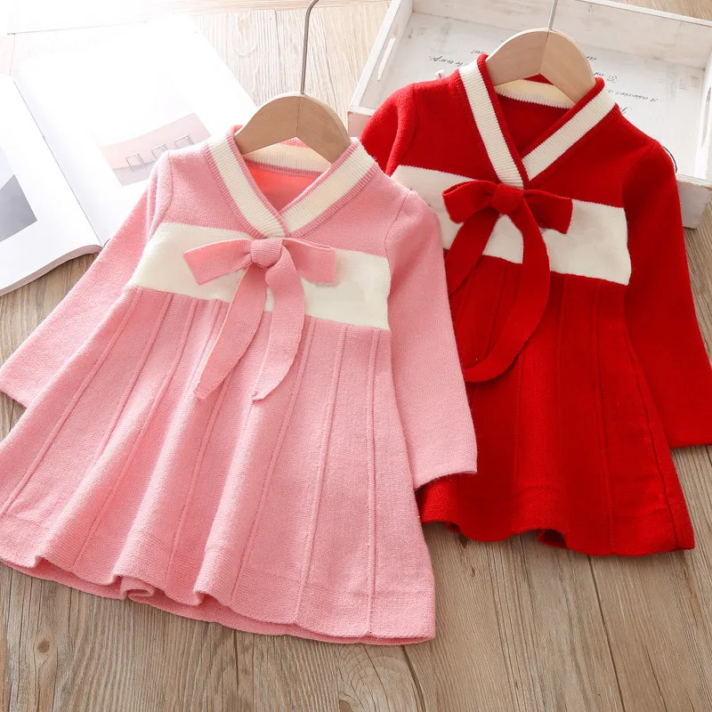 Коллекция года, осенне-зимнее платье для девочек детское платье-свитер с v-образным вырезом и длинными рукавами в китайском стиле трикотажное платье с вышивкой для детей